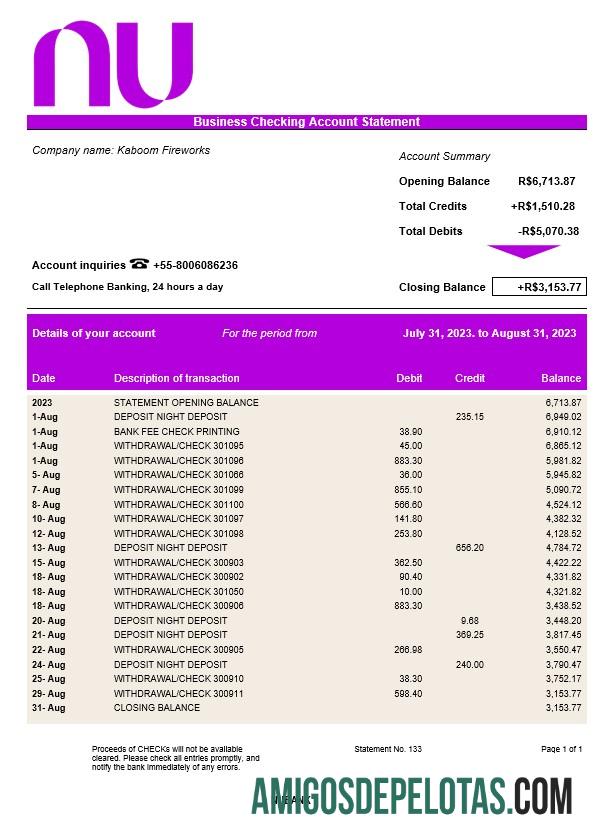 Em branco Extrato de conta corrente corporativa do Nubank modelo Word e PDF